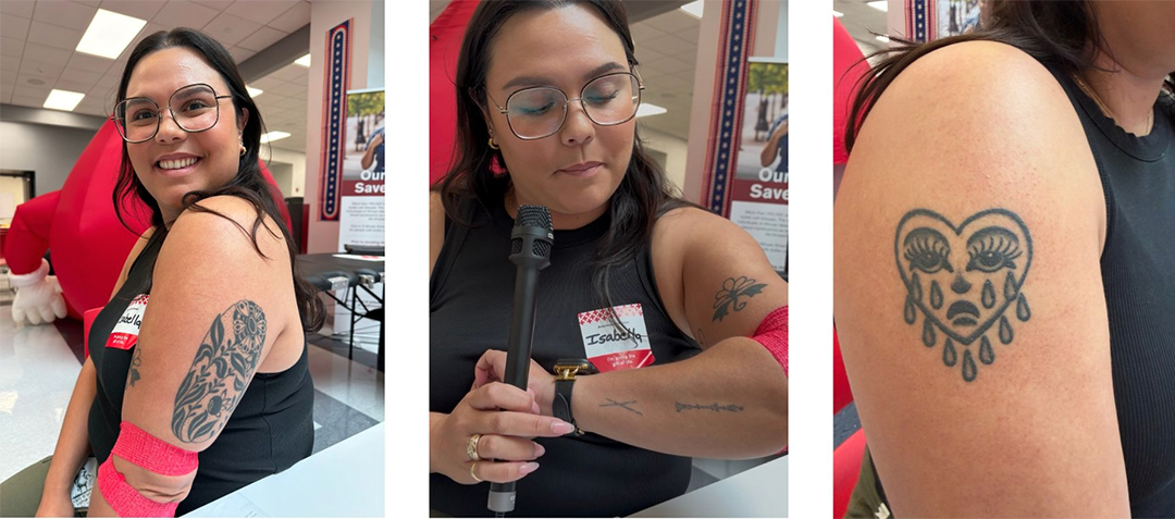 A three-panel composite photo of Isabella Rosa. In the left panel, she smiles at the camera while wearing glasses and a black top, showcasing a floral tattoo on her upper arm. In the middle panel, she speaks into a microphone while wearing a Red Cross name tag, revealing two knitting needles and a lamppost on her forearm. In the right panel, a close-up highlights a heart-shaped tattoo with a crying face and decorative teardrops on her arm.