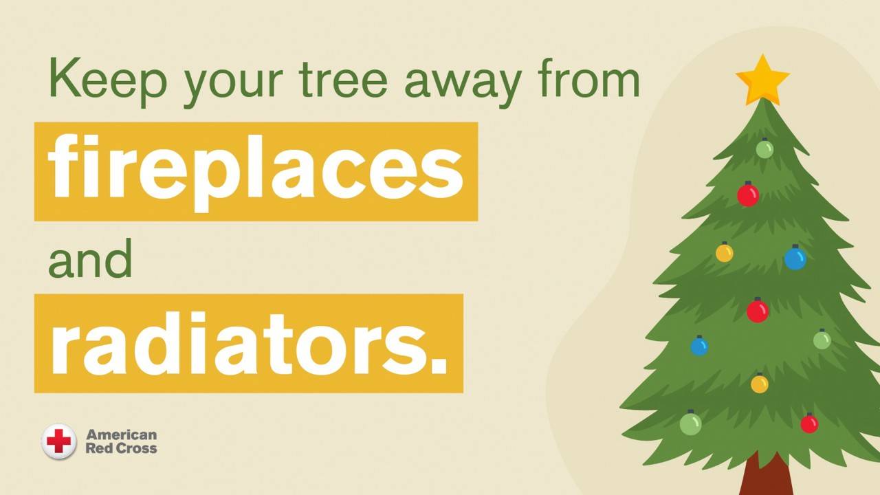 Yellow graphic with illustrated Christmas tree and the words Keep your tree away from fireplaces and radiators.