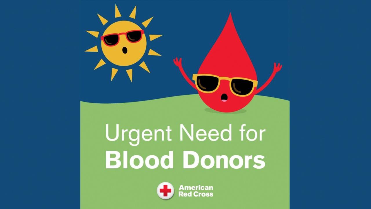 Illustration of a red blood drop and yellow sun wearing sunglasses and the words: Urgent need for blood donors