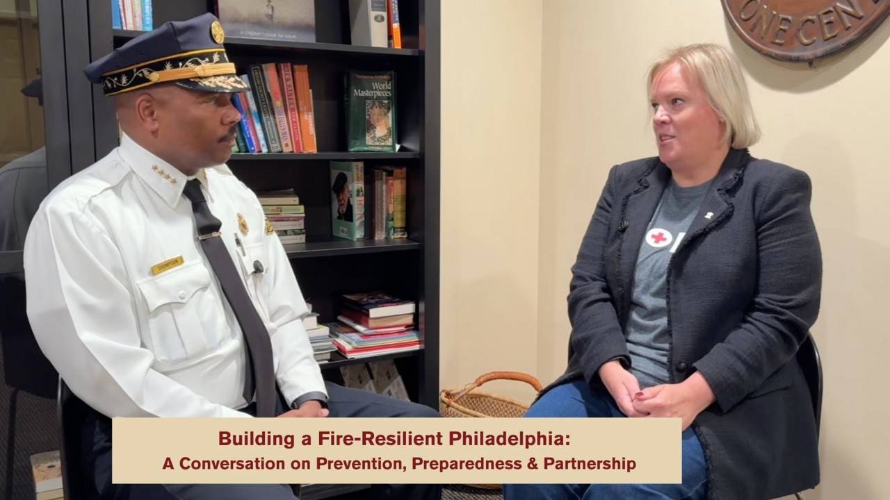 Philadelphia Fire Commissioner Jeffrey Thompson and American Red Cross Southeastern Pennsylvania CEO Jennifer Graham seated side-by-side during a recorded conversation on fire prevention.