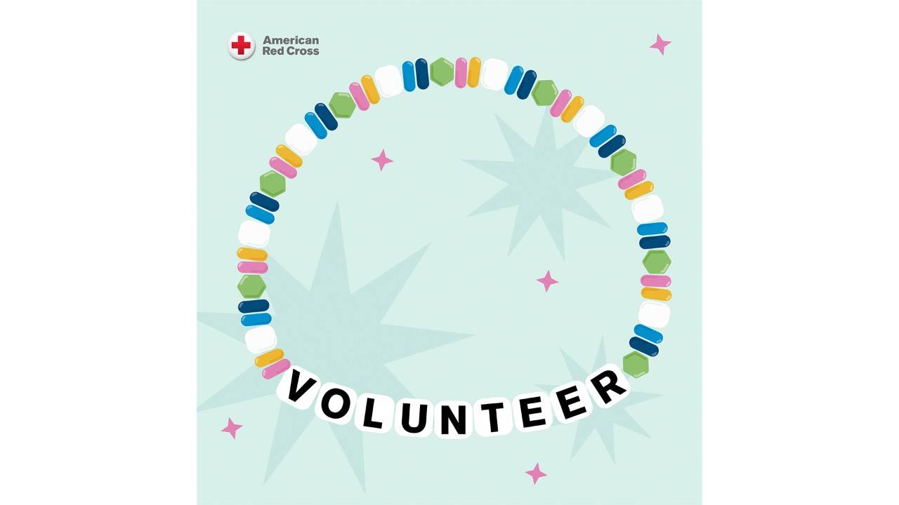 Illustration of a multi-color beaded bracelet with square beads at the bottom that spell Volunteer.