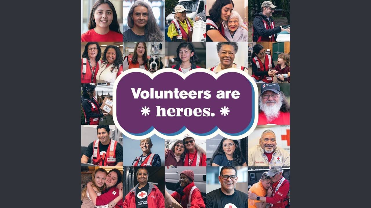 Square graphic with 25 smaller pictures of people wearing Red Cross clothing. In the center are white words on a purple background: Volunteers are heroes.