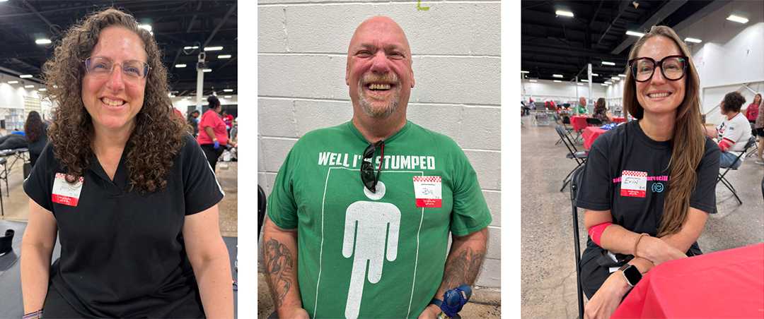 3 photos side by side of blood donors Missy Hinspeter, Bill Paoletti and Erin Crew.