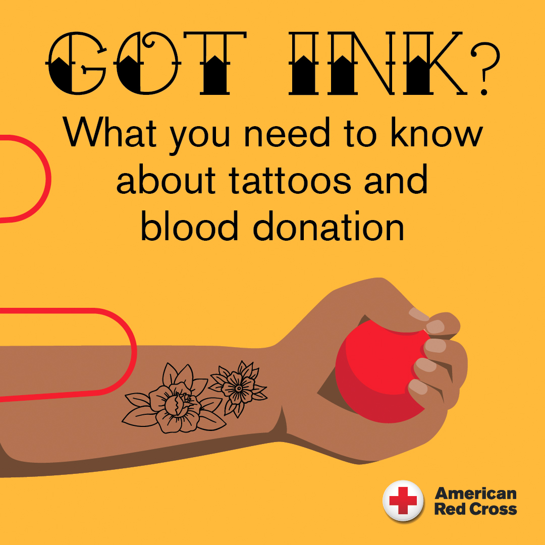 An informational graphic from the American Red Cross with a bright yellow background. At the top, stylized bold black text reads "GOT INK?" followed by the subtitle, "What you need to know about tattoos and blood donation." Below the text, an illustration shows a person's forearm resting horizontally; the arm has a floral tattoo near the wrist, and the hand is squeezing a round red stress ball. The American Red Cross logo sits in the bottom right corner.