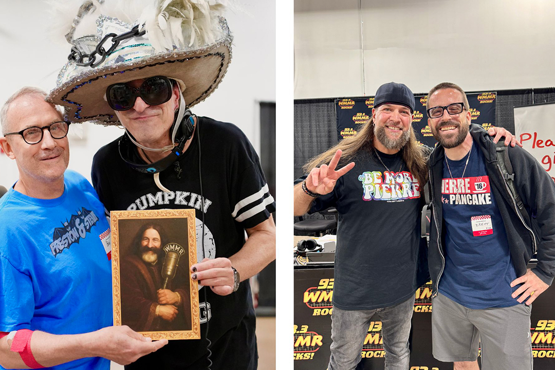 Two horizontal photos side-by-side honoring the late radio host Pierre Robert. In the left photo, a blood donor in a blue shirt presents a framed black-and-white portrait of a smiling Pierre Robert to radio host Jacky Bam Bam, who is wearing a cowboy hat, sunglasses, and a black "Pumpkin" T-shirt. In the right photo, radio host Brent Porche smiles and flashes a peace sign alongside Pierre's nephew, Brett Robert. Both men are wearing commemorative graphic T-shirts honoring Pierre.