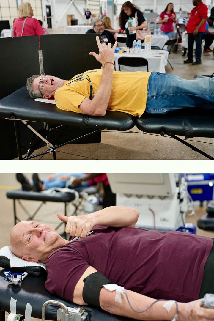 Two stacked, horizontal photos showing radio hosts donating blood. In the top photo, Steve Morrison lies on a padded table in a yellow shirt and jeans, making an enthusiastic rock-on hand gesture and a funny face. In the bottom photo, Preston Elliot lies on a separate table in a maroon t-shirt, looking directly at the camera with a smile and giving a thumbs-up while blood is collected from his arm.