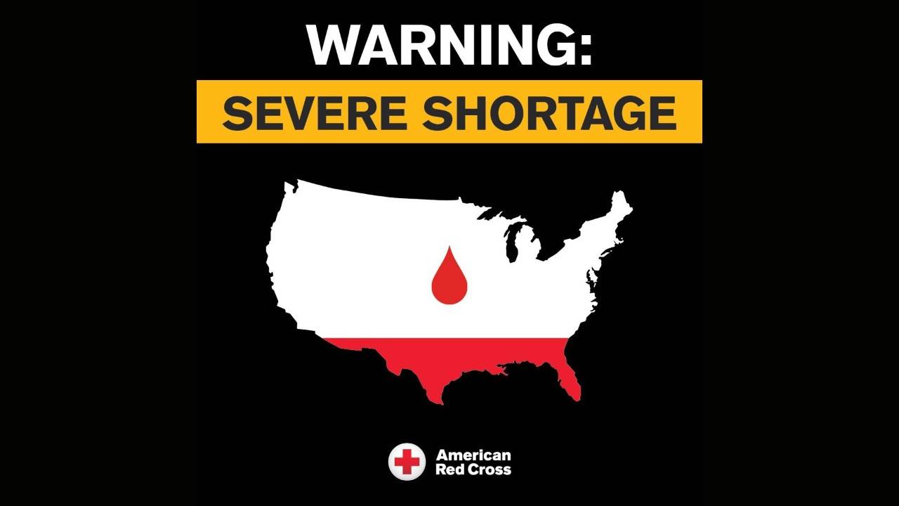 Illustration has a black background with an outline of the United States, mostly in white but with red at the lower portion. There's a red blood drop in the middle. Words above the illustration tead: Warning: Severe Shortage.