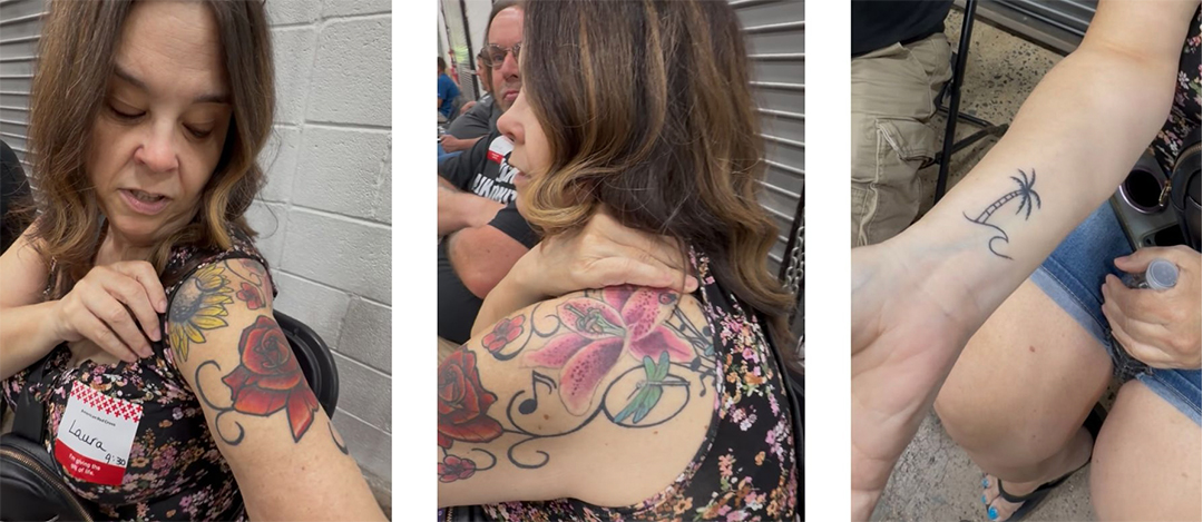 A three-panel composite photo of Jessica Kohn. In the left panel, she smiles at the camera while wearing glasses and a blue sleeveless shirt, showing an octopus tattoo on her shoulder. The middle panel focuses on her ankle, featuring a tattoo of flowers, a sword, and the words "NOT TODAY." The right panel shows her forearm, showcasing a detailed tattoo of a raccoon and a solid silhouette of a squirrel