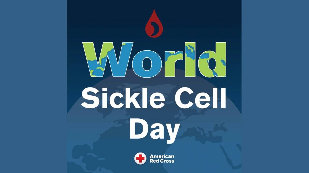 Graphic for World Sickle Cell Day featuring the words “World Sickle Cell Day” over a blue world map background, with a red blood drop icon above and the American Red Cross logo at the bottom.