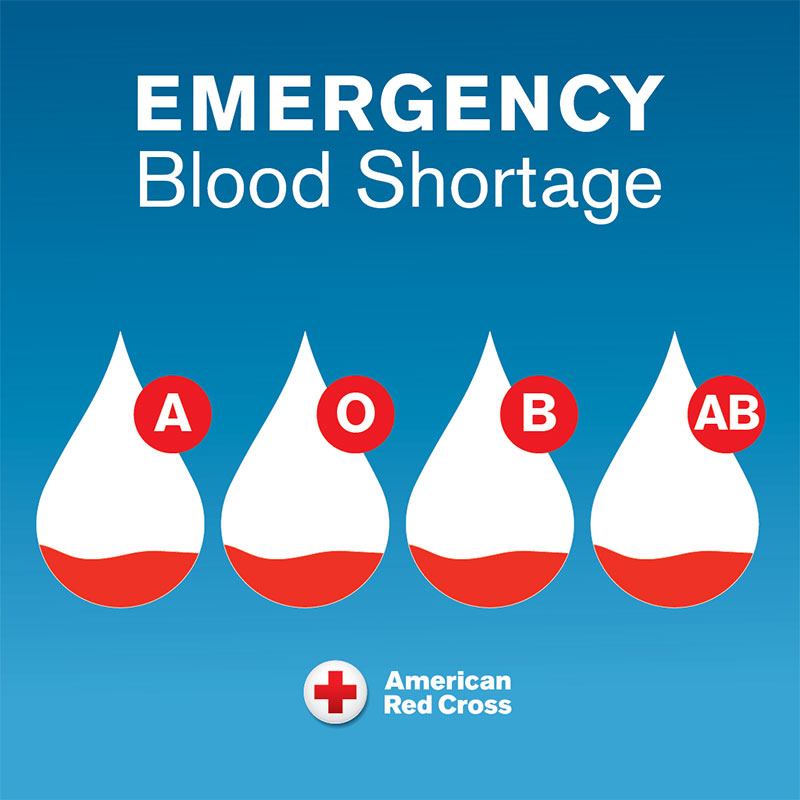 American Red Cross poster highlighting an emergency blood shortage, urging donations to help those in need.