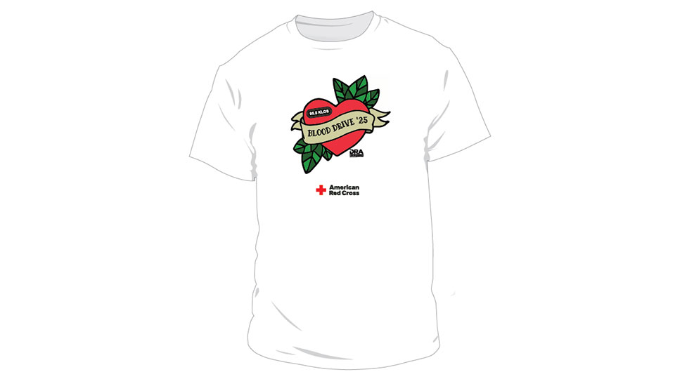 KLOS Blood Drive shirt with drawing of a heart and an American Red Cross logo.