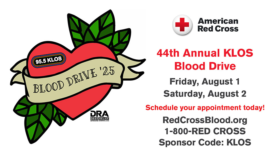 44th Annual KLOS Blood Drive info with drawing of a heart.