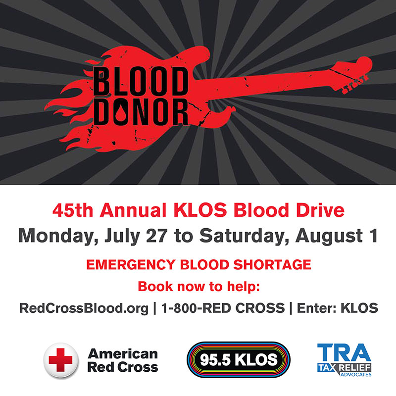 drawing of a flaming guitar with "Blood Donor" written on it. Info on the event with Red Cross, 95.5 KLOS and TRA logos at the bottom.