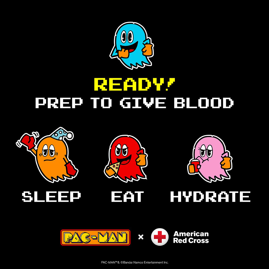 PAC-MAN characters with PAC-MAN and Red Cross logos.