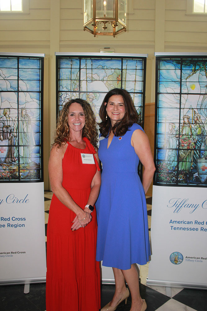 Brandy Robertson and Becky Streifler pose for a photo at the 2025 Tiffany Circle Fall Luncheon.