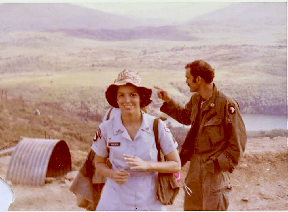 Dorner Carmichael as a Donut Dolly, out in the field, with the American Red Cross during her time in Vietnam in 1970.