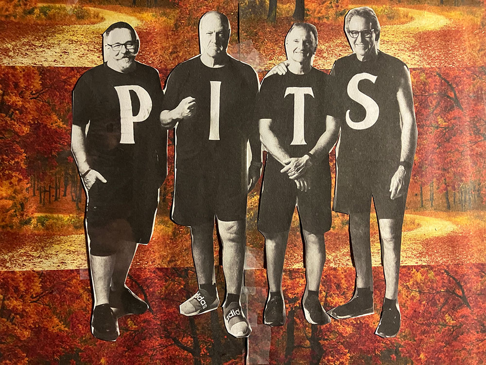 four guys wearing shirts with one large letter on each shirt that spells out PITS.