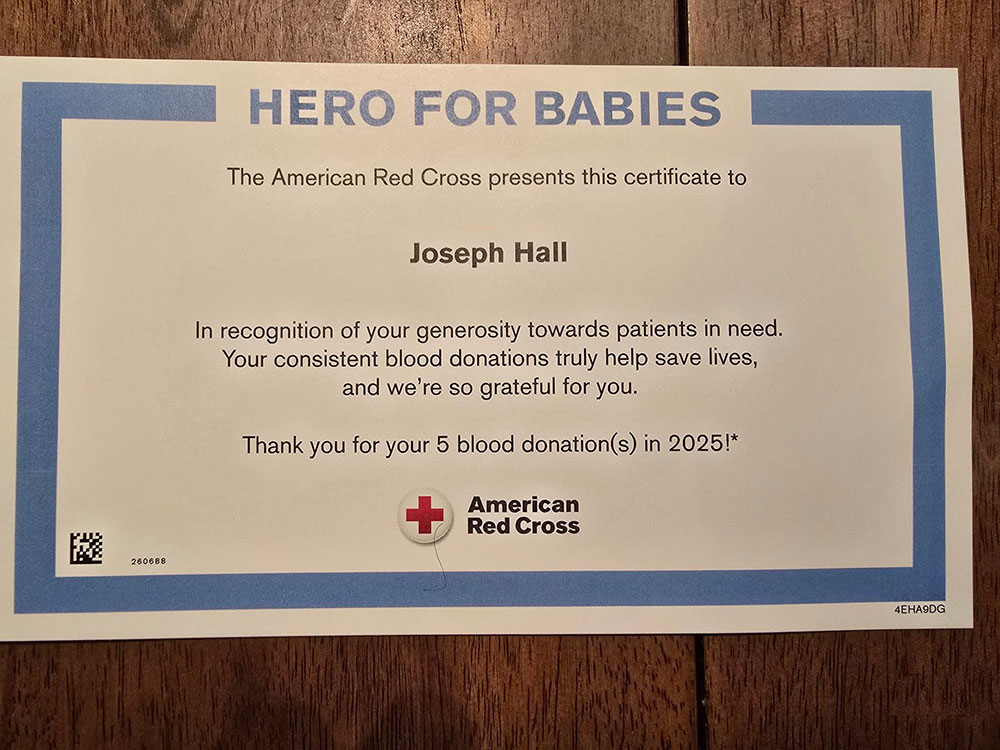hero for babies red cross certificate with Joseph Hall's name on it.
