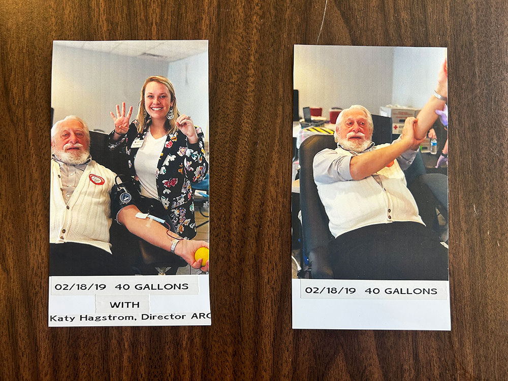 Two pictures of Ray Swadley while he is donating blood.