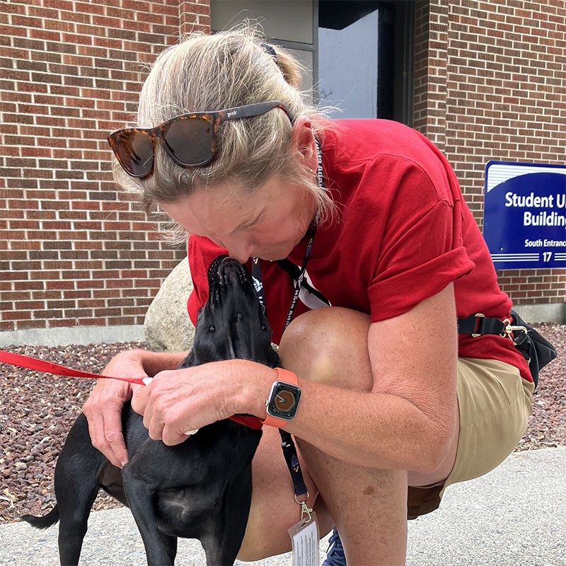 Dog licking nose of Red Cross volunteer