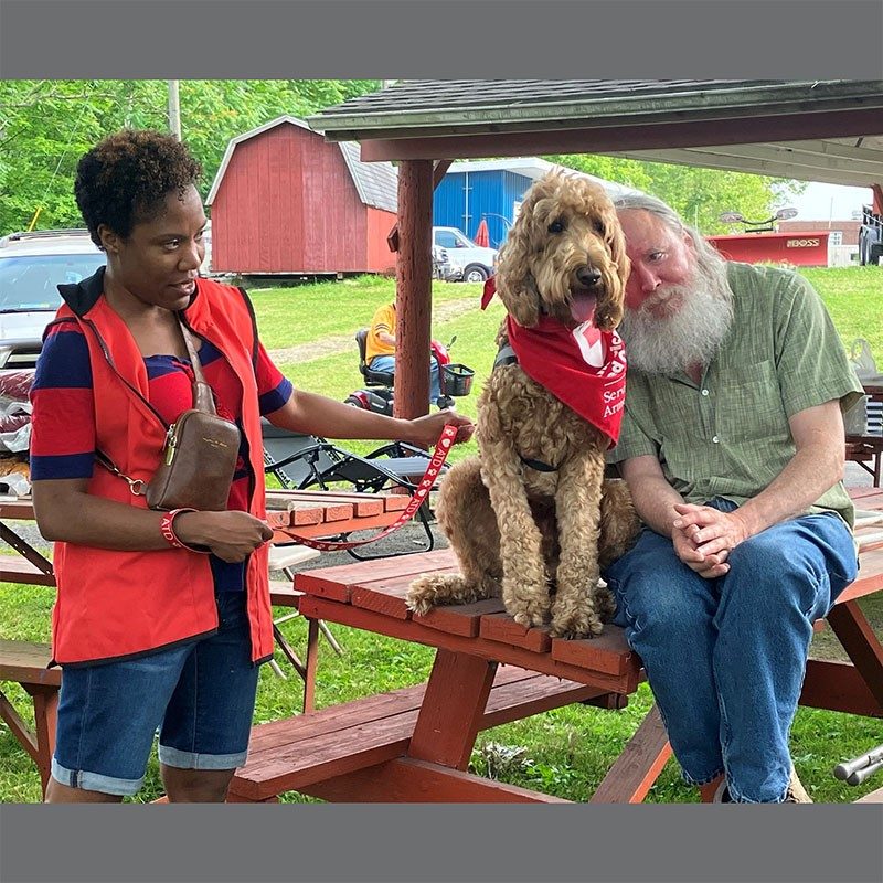 Therapy dog and handler and vetran sitting on park bench.