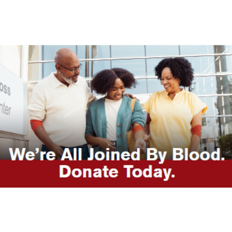 three people, that just donated blood, with red bandages around their arm.
