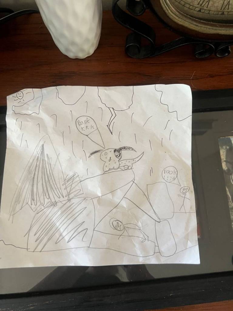 Drawing of dog alerting first responders to person trapped below rocks