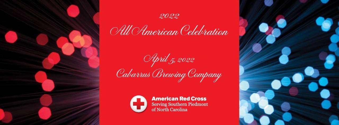 Red Cross All American Celebration graphic banner with abstract red, white and blue pattern