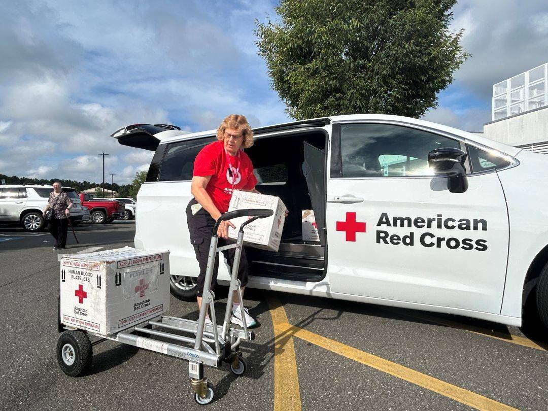 Woman in Red Cross shirt loads boxes of donated blood into vehicle