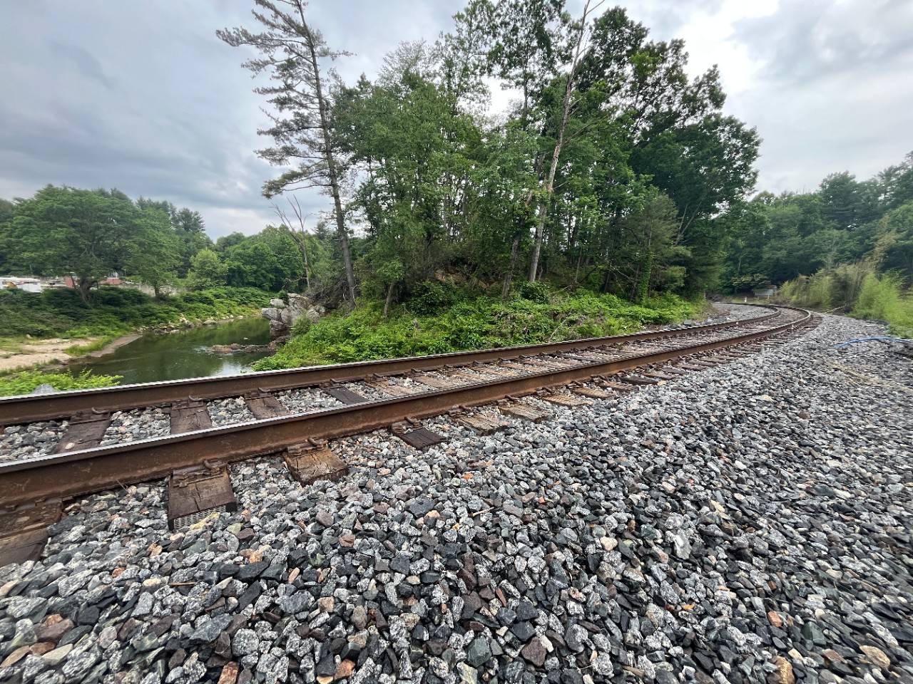 Train tracks stretch through wooded area
