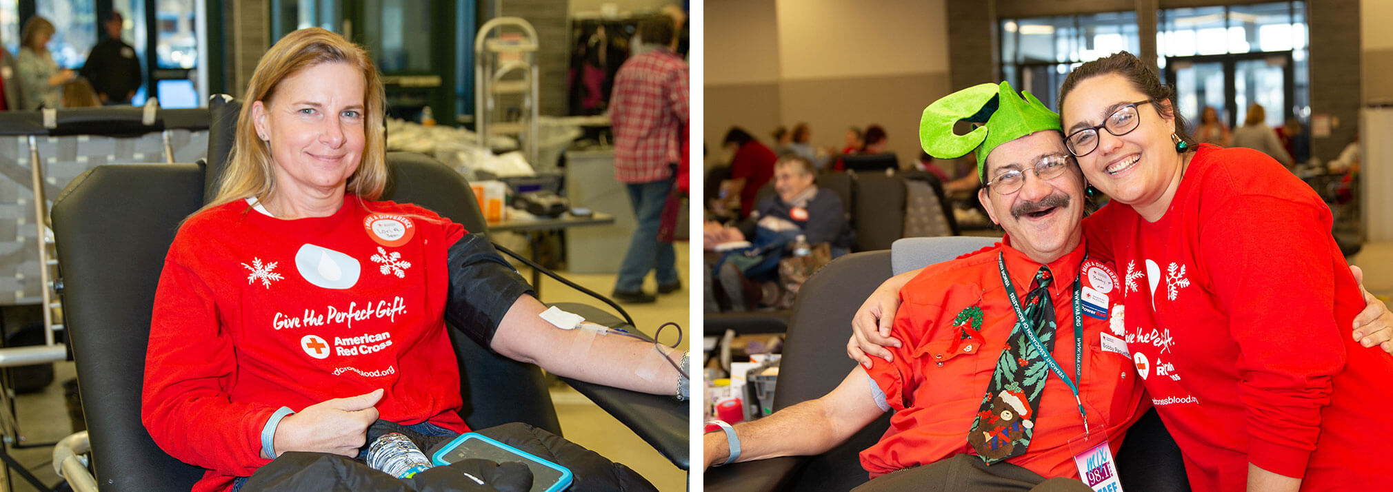 three people in holiday shirts and two of them sitting in a chair donating blood.