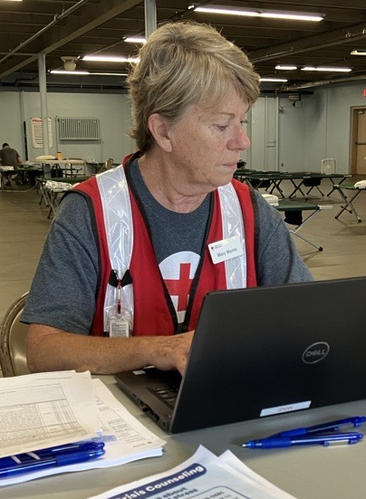 Red Cross female volunteer works on computer