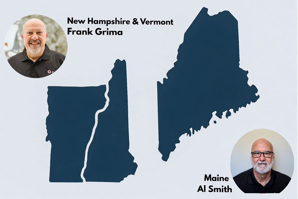 map of the northern new england region and headshots of Frank Grima and Al Smith..