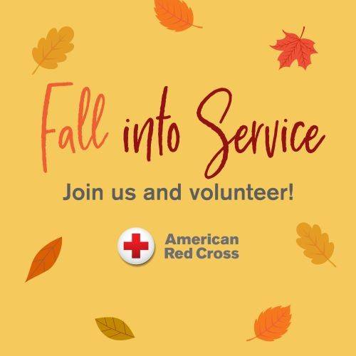 Graphic artwork of that says fall into service, join us with the red cross symbol