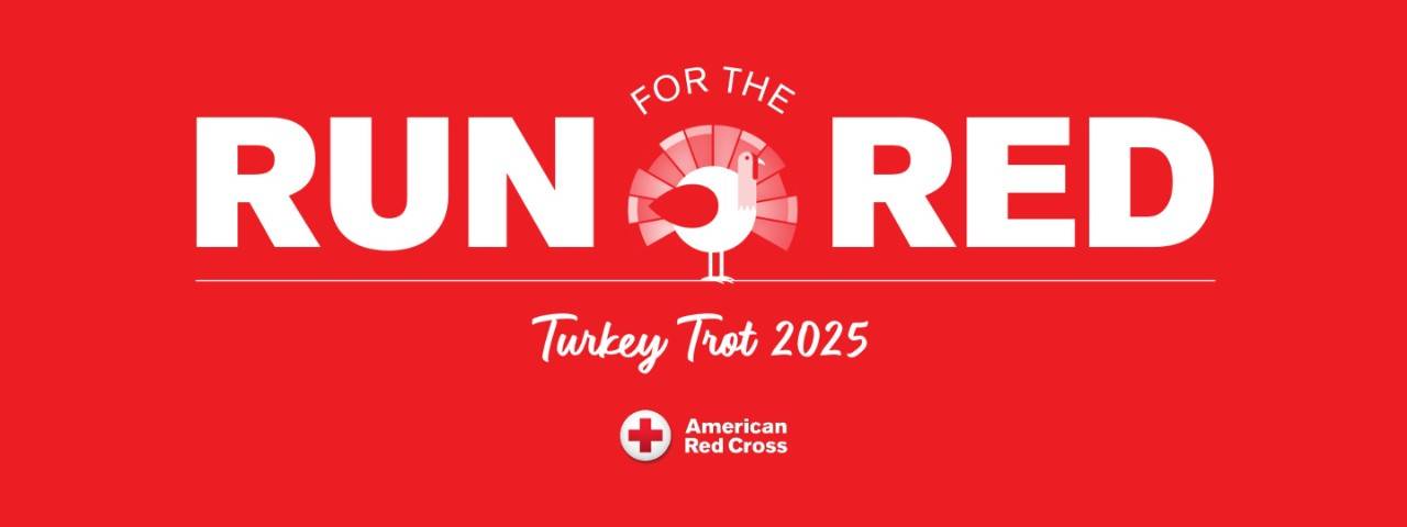 American Red Cross Run for the red Turkey Trot 2025 banner with drawing of a turkey