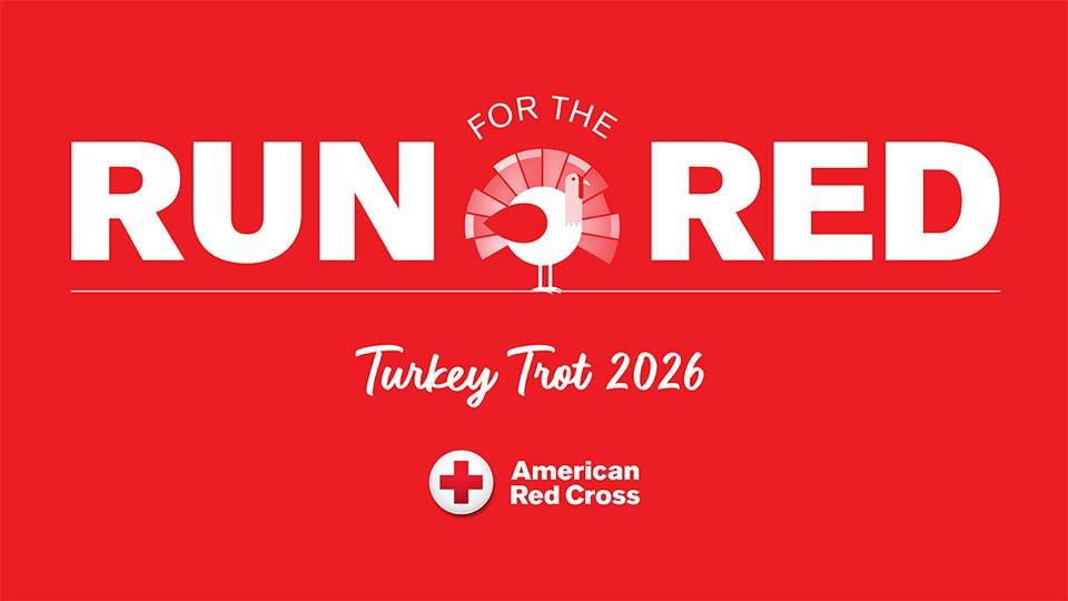 American Red Cross Run for the red Turkey Trot banner with drawing of a turkey.