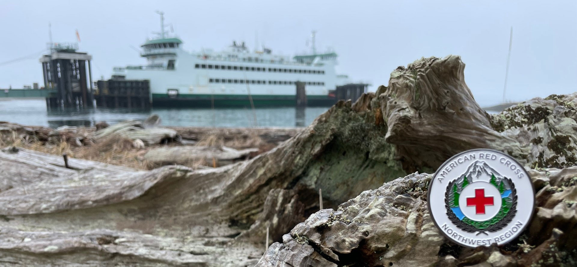 American Red Cross Northwest Region medal on dead wood with ferry in the background