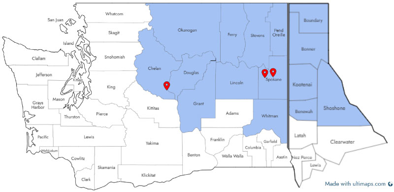 map with pins in Chelan, and Spokane.