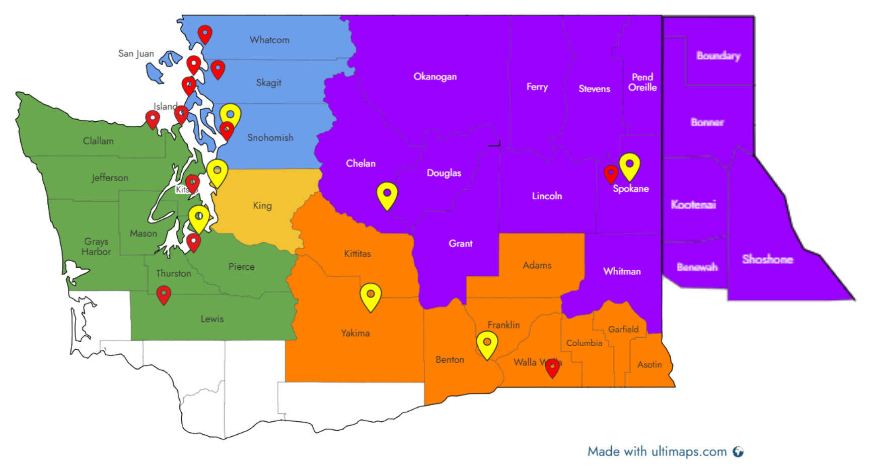 map of washington with pin drops.