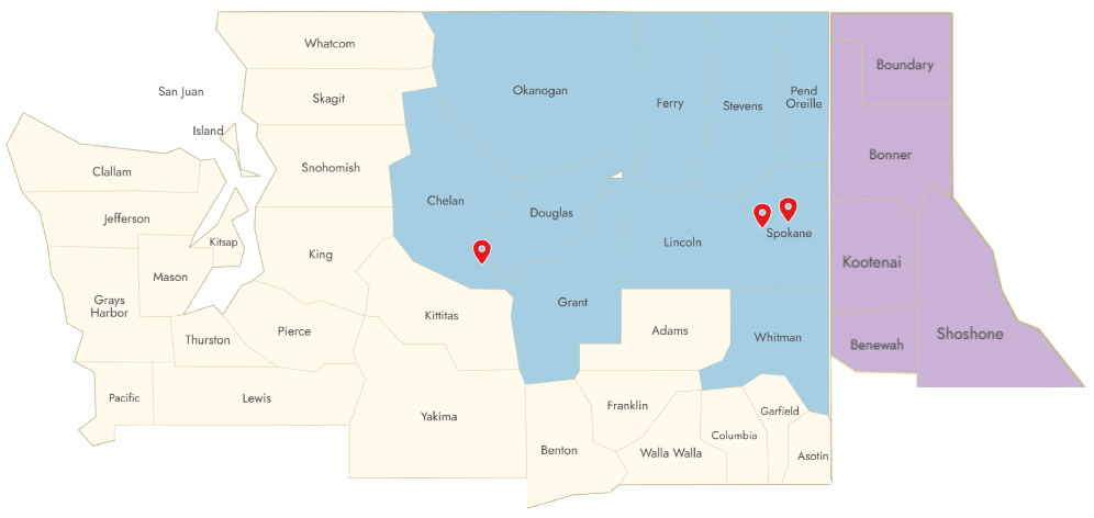 map with pins in Chelan, and Spokane.