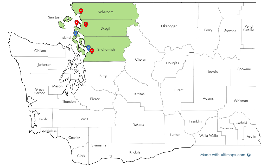 map of northwest washington with pins in whatcom, skagit, and snohomish.