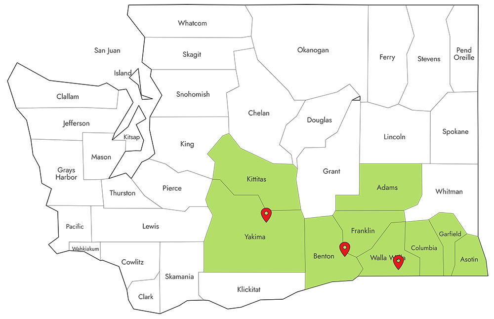 map with pins in Yakima, Benton, and Walla Walla.