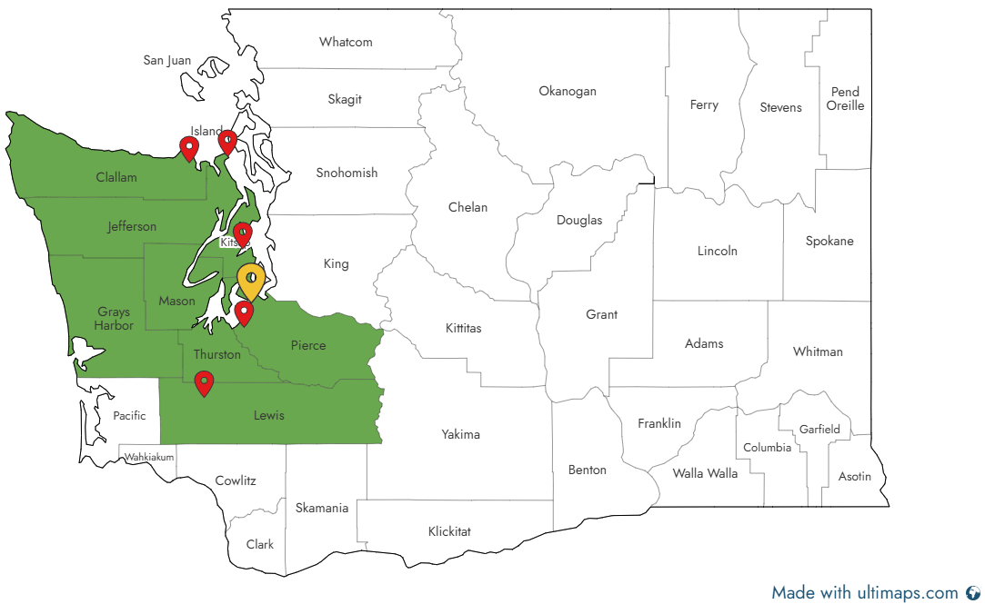 map of northwest washington with pins in clallam, jefferson, pierce, and lewis.