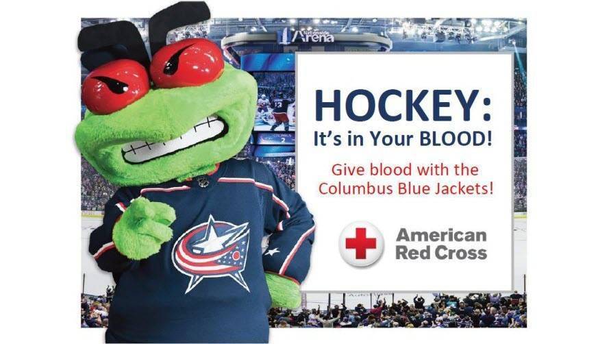 Blue Jackets Hockey mascot with event info
