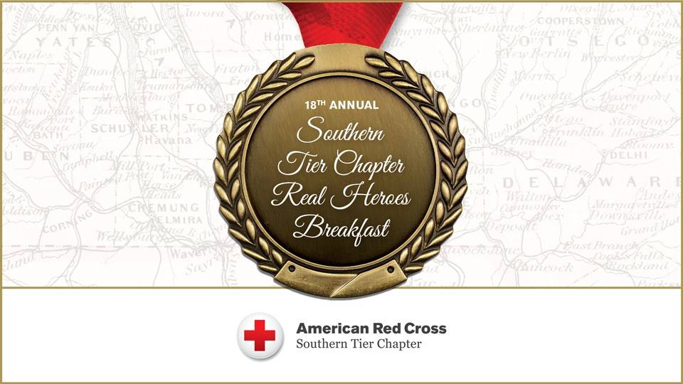Western New York Red Cross Southern Tier Real Heroes Breakfast banner with a medal