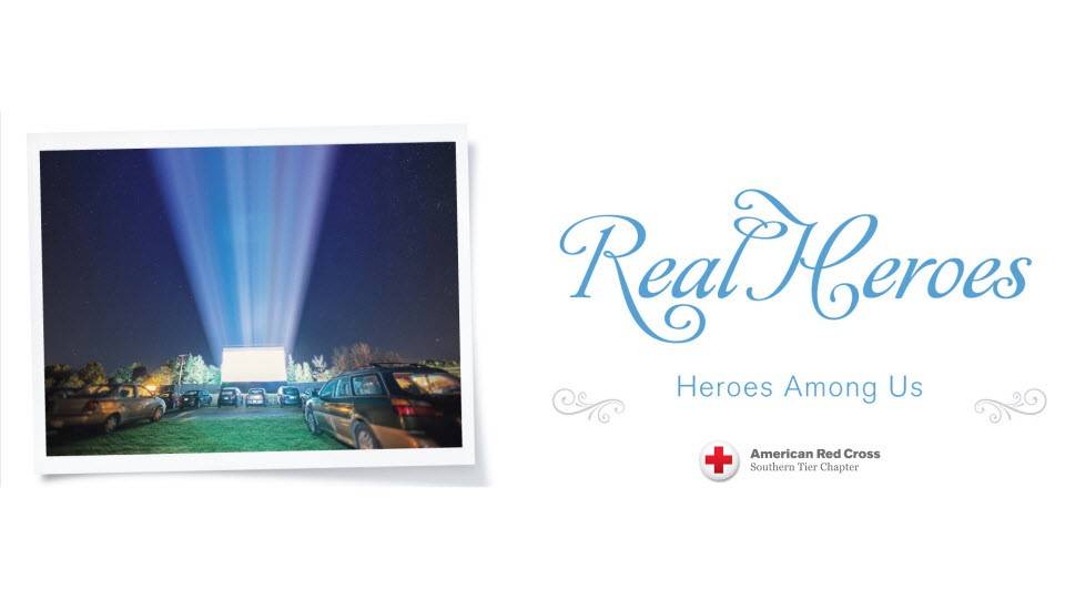 Greater Corning Real Heroes Southern Tier Chapter Red Cross website banner showing a drawing of a drive in with a car and lights