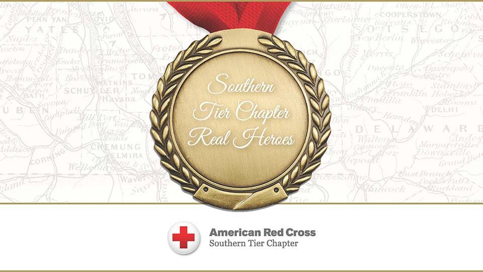 Western New York Red Cross Southern Tier Real Heroes Breakfast banner with a medal