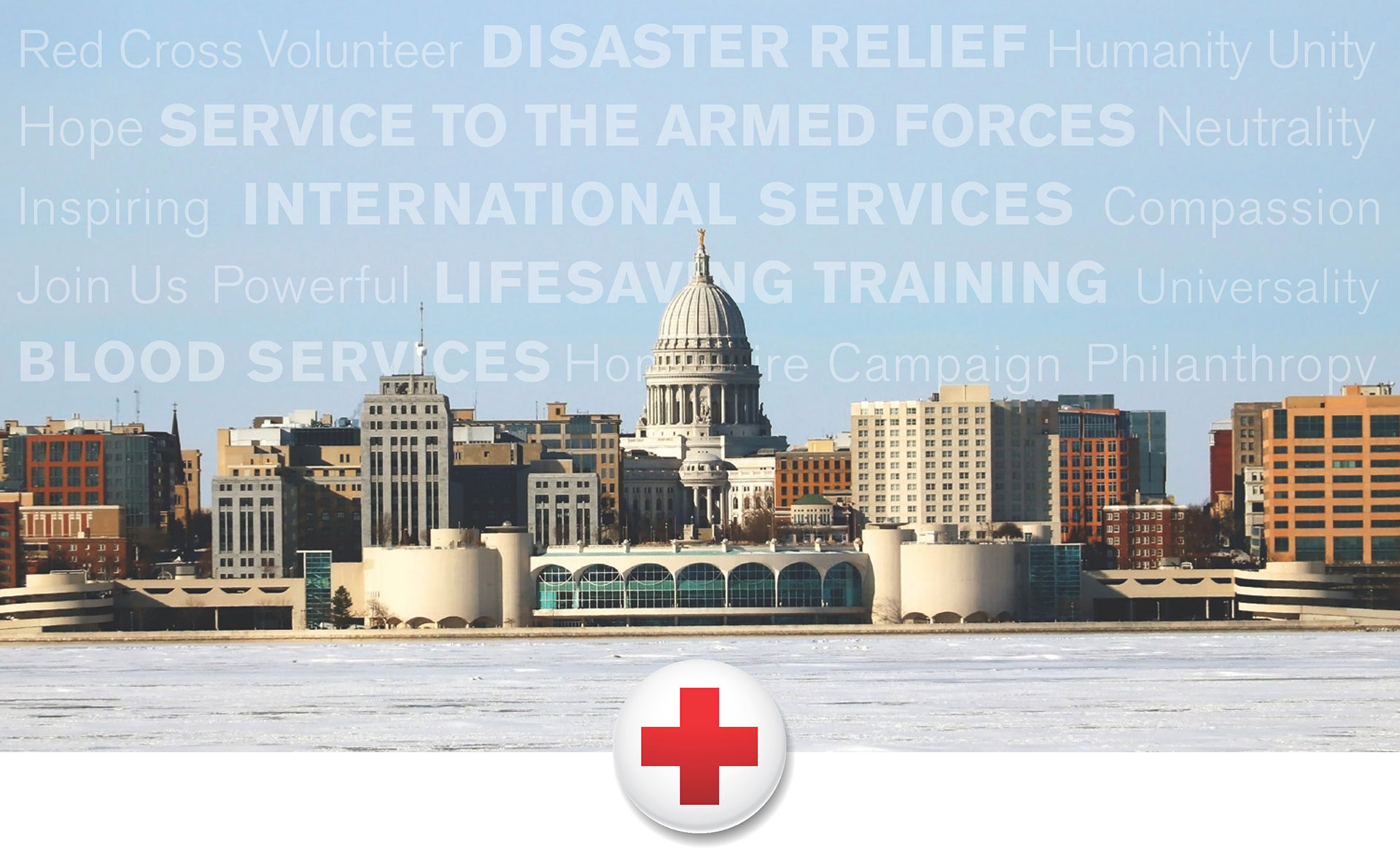 a city skyline with the Red Cross logo at the bottom.