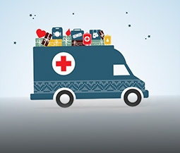 blue truck with Red Cross logo has presents of various colors on the top