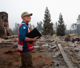 volunteer holding notebook looks out over wildfire damage